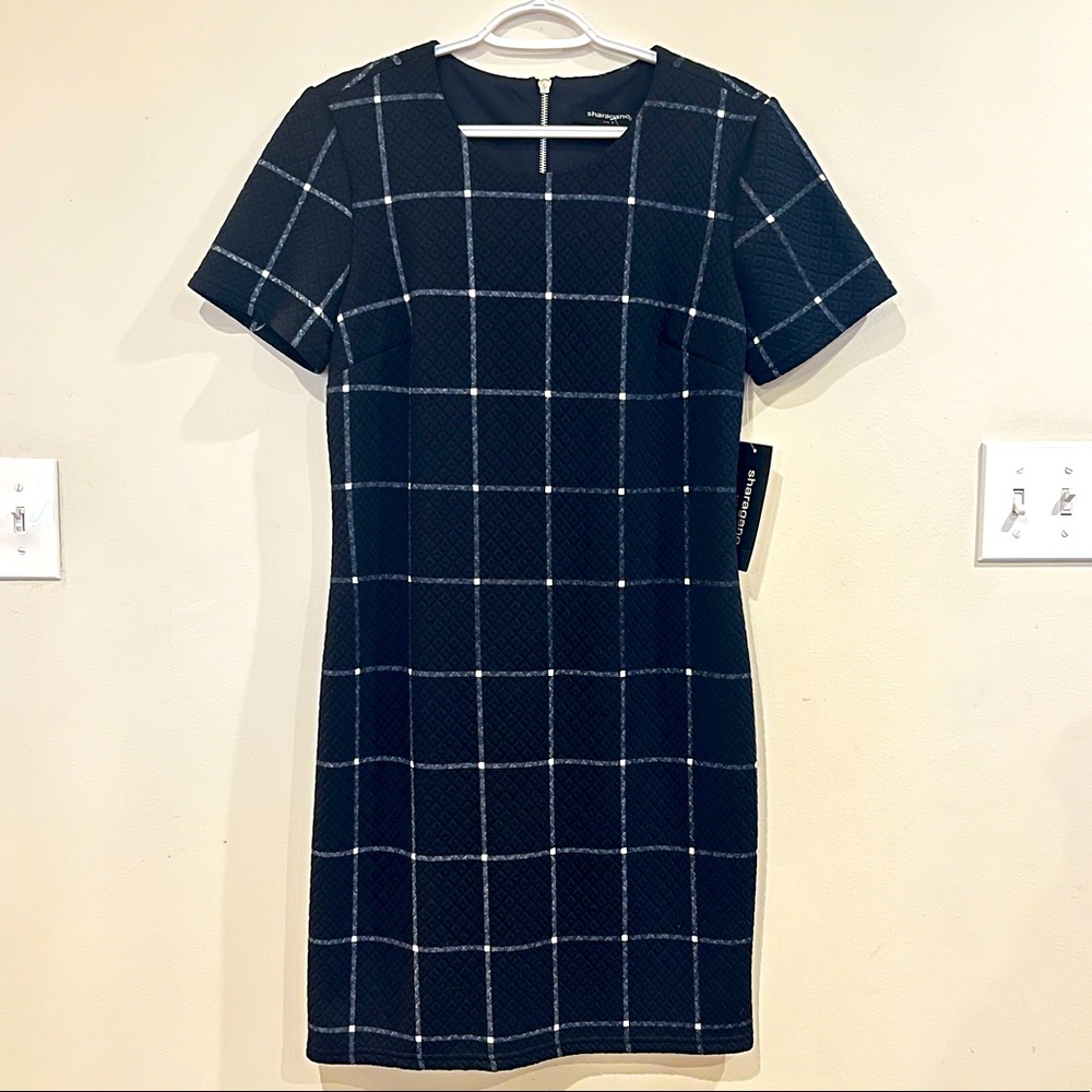 SHARAGANO, stretchy midnight navy/ivory spring dress. Size US 8